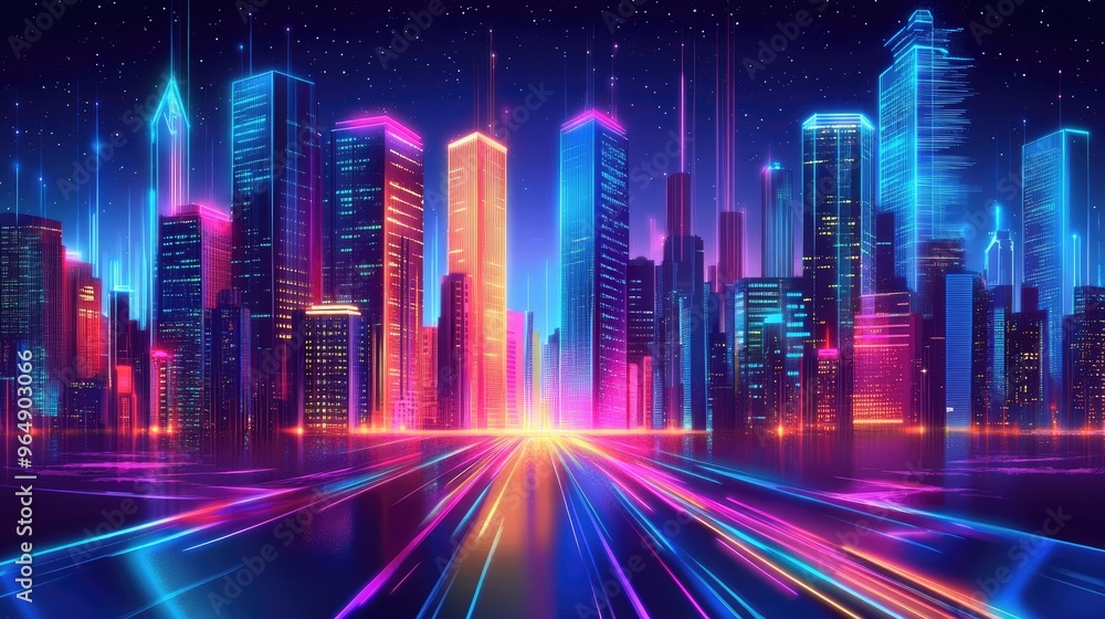 Retro-futuristic city with vibrant neon skyscrapers and a river, designed in a dynamic cyberpunk vector style Retro-futuristic city with vibrant neon skyscrapers and a river, designed in a dynamic cyberpunk vector style