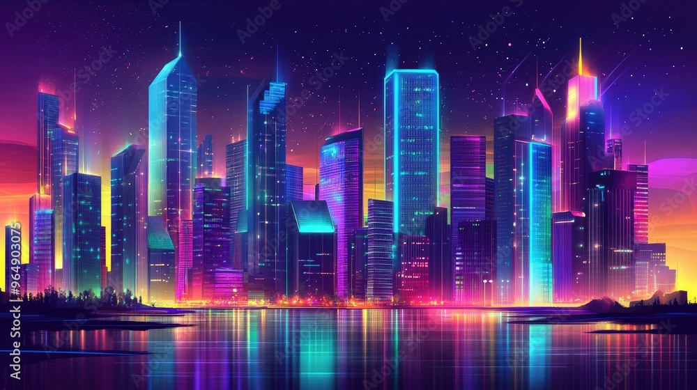 Retro-futuristic city with vibrant neon skyscrapers and a river, designed in a dynamic cyberpunk vector style Retro-futuristic city with vibrant neon skyscrapers and a river, designed in a dynamic cyberpunk vector style