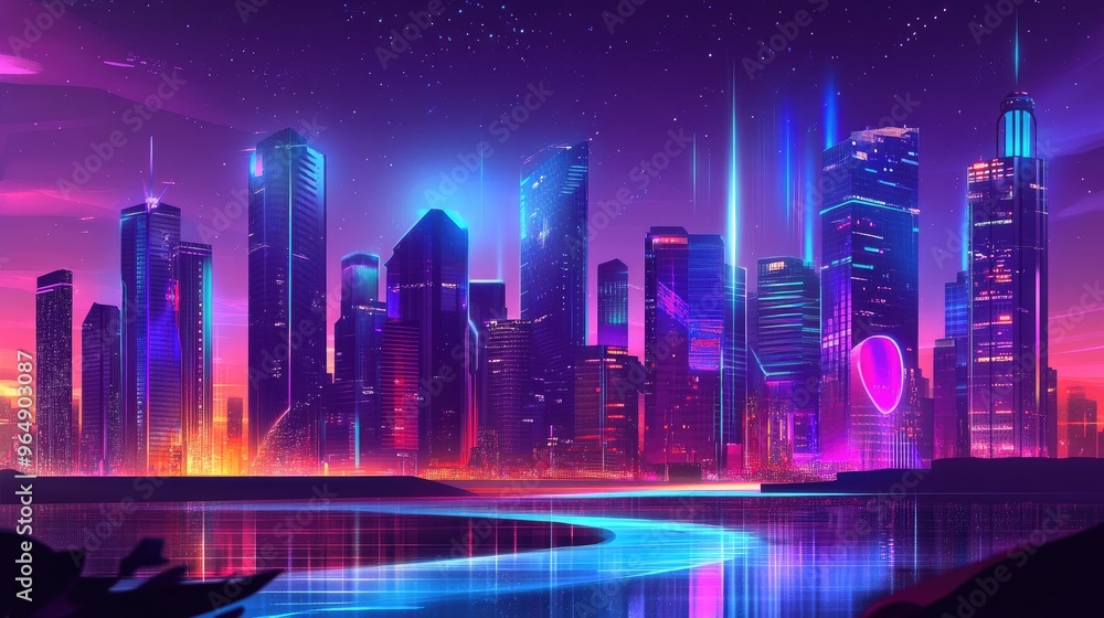 Retro-futuristic cityscape with neon skyscrapers and a flowing river, captured in a dynamic cyberpunk vector landscape Retro-futuristic cityscape with neon skyscrapers and a flowing river, captured in a dynamic cyberpunk vector landscape