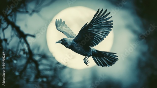 Black crow flying in moonlight with spread wings