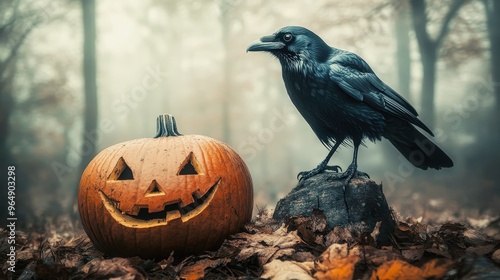 Black raven perched on halloween jack o lantern in forest photo