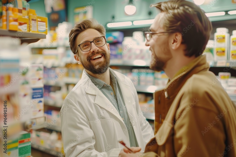 Joyful man selects medication with guidance from a young pharmacist at the local drugstore Joyful man selects medication with guidance from a young pharmacist at the local drugstore