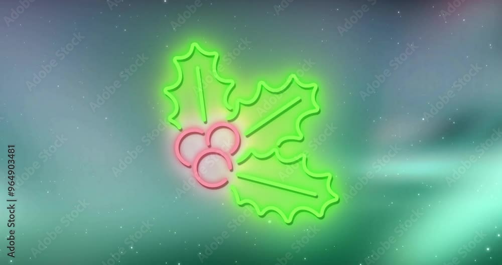 Animation of christmas neon holly decoration over blue background Animation of christmas neon holly decoration over blue background