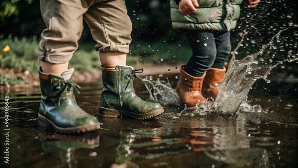 Children in bright rubber boots play in puddles on a cloudy day. Water splashes from children. Children in bright rubber boots play in puddles on a cloudy day. Water splashes from children.