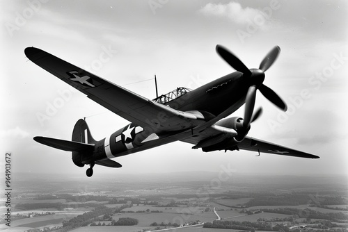 Classic World War II Biplanes in Flight Black and White Propeller Wings photo