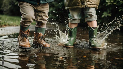 Children in bright rubber boots play in puddles on a cloudy day. Water splashes from children.