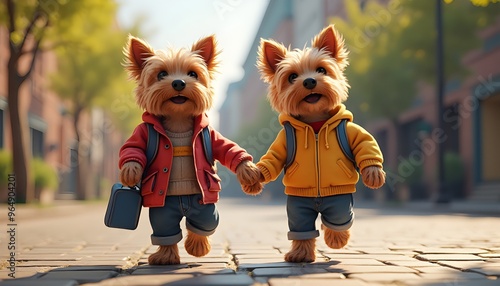 Two Yorkshire Terriers Walking to School.