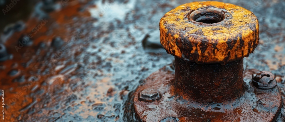 Rusty metal bolt on weathered surface with yellow cap in focus Rusty metal bolt on weathered surface with yellow cap in focus