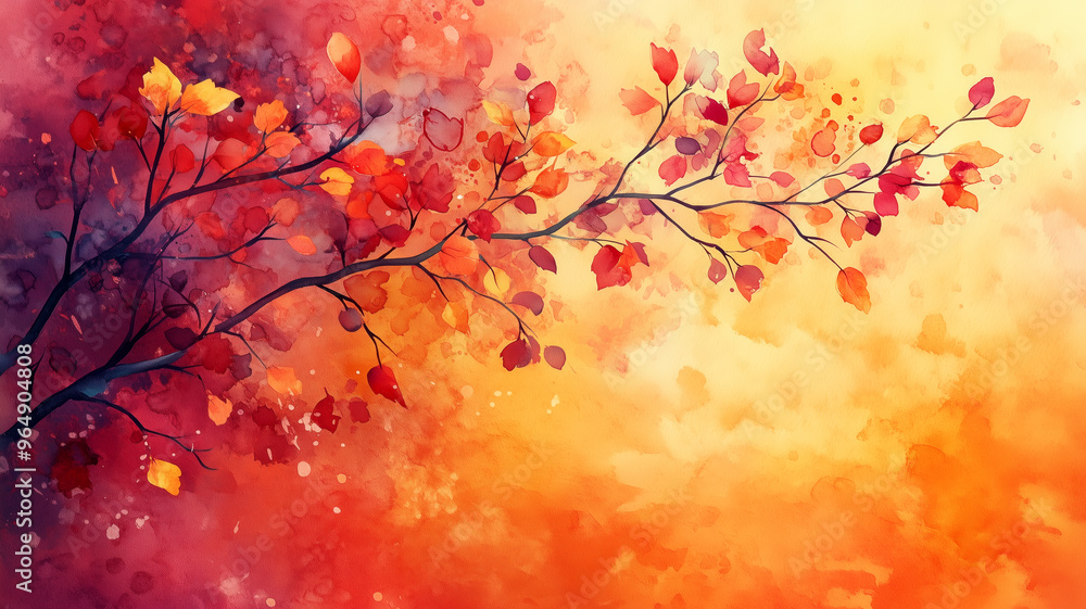 A painting of autumn tree with orange leaves. The leaves are spread out and background is a mix of orange and white. painting has a warm and inviting mood A painting of autumn tree with orange leaves. The leaves are spread out and background is a mix of orange and white. painting has a warm and inviting mood