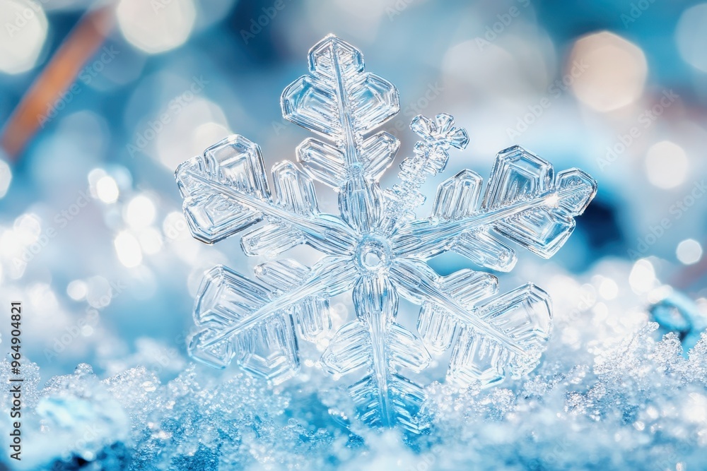Perfect shaped snowflake standing on snow with blue background Perfect shaped snowflake standing on snow with blue background