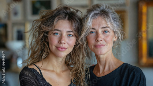 Two women with striking blue eyes, one older and one younger, standing closely together indoors, both exuding natural beauty and confidence with relaxed expressions