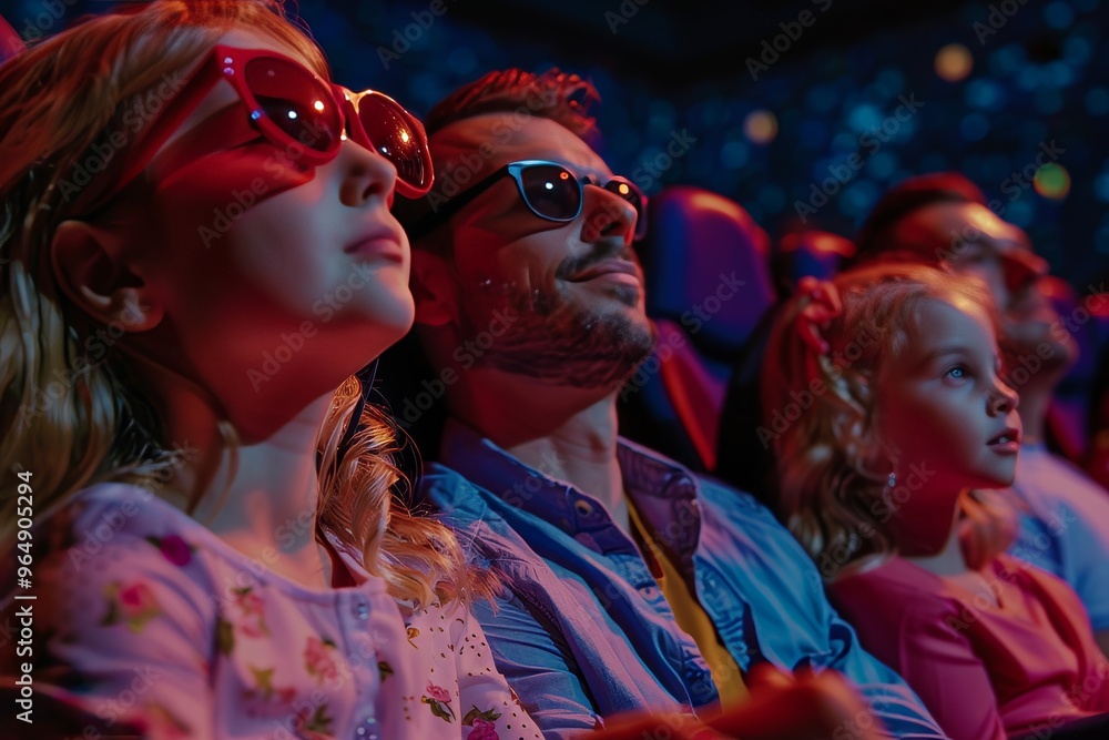 Obraz premium Joyful family experience parents and their daughter enjoying a movie together at the cinema