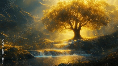 Golden Waterfall Tree Fantasy Landscape