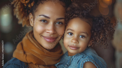 Mother and young daughter smiling warmly, their faces close together, wrapped in cozy clothing with soft lighting creating an intimate and affectionate atmosphere