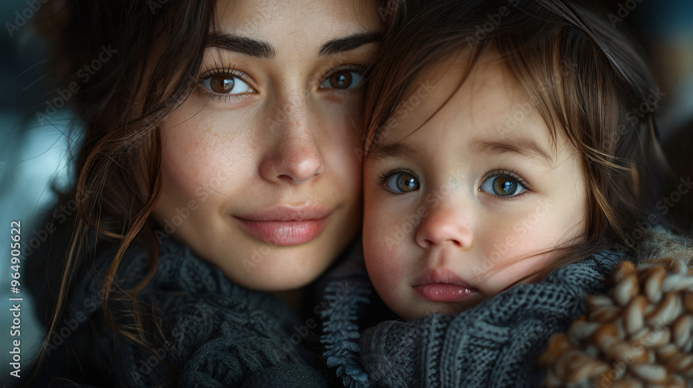 Mother and young child wrapped in warm clothing, gazing softly at the camera with a close, intimate connection in a cozy setting Mother and young child wrapped in warm clothing, gazing softly at the camera with a close, intimate connection in a cozy setting
