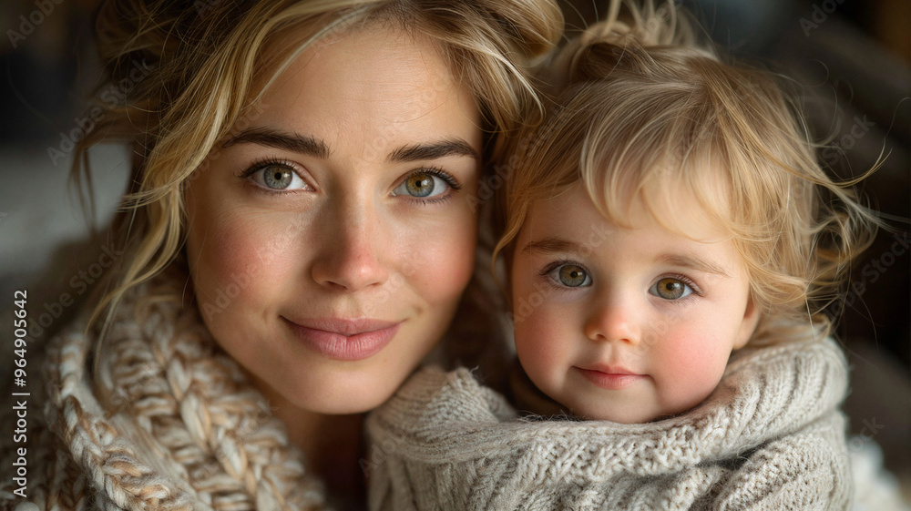 Mother and young child wrapped in cozy knitwear, both with soft, gentle expressions, radiating warmth and love in a close, intimate setting Mother and young child wrapped in cozy knitwear, both with soft, gentle expressions, radiating warmth and love in a close, intimate setting