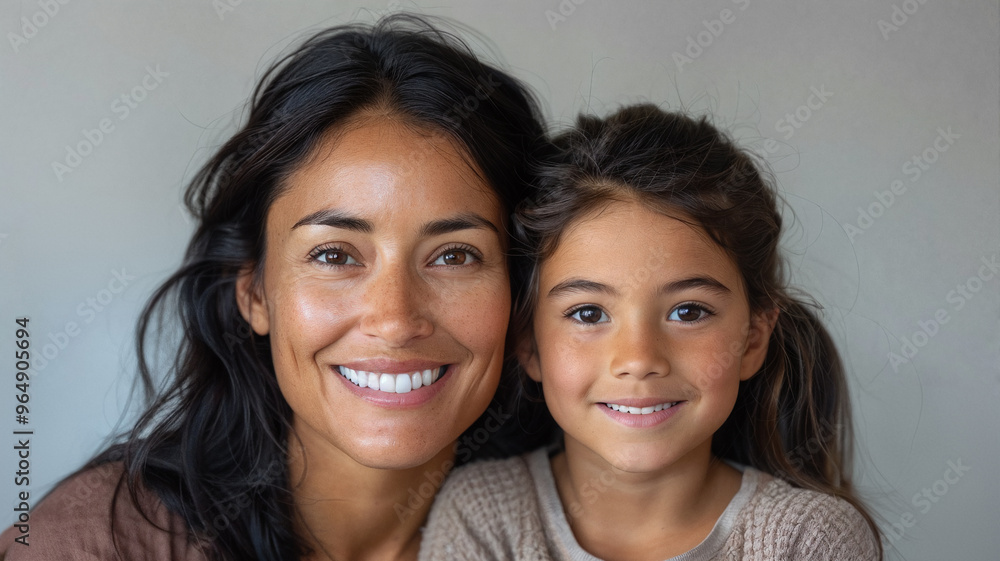 Mother and daughter smiling warmly at the camera, radiating happiness and closeness in a simple, natural setting Mother and daughter smiling warmly at the camera, radiating happiness and closeness in a simple, natural setting