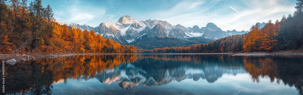 Fototapeta premium Majestic Mountain Lake with Autumn Forest and Clear Reflection