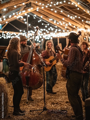 A live band performs under twinkling lights in a rustic barn setting.