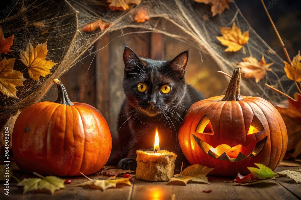 A curious black cat with glowing orange eyes peeks out from behind a spider-web covered pumpkin, surrounded by eerie candles and autumnal foliage. A curious black cat with glowing orange eyes peeks out from behind a spider-web covered pumpkin, surrounded by eerie candles and autumnal foliage.