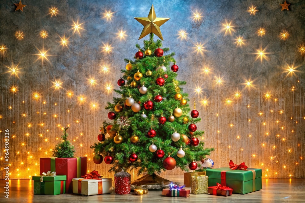 A decorated evergreen Christmas tree stands tall, adorned with twinkling lights, colorful ornaments, and a star on top, surrounded by gifts and a festive holly-patterned backdrop. A decorated evergreen Christmas tree stands tall, adorned with twinkling lights, colorful ornaments, and a star on top, surrounded by gifts and a festive holly-patterned backdrop.
