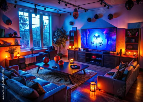 A dimly lit room filled with spooky atmosphere, surrounded by gaming consoles and screens displaying a list of eerie video games, perfect for Halloween night gaming sessions.