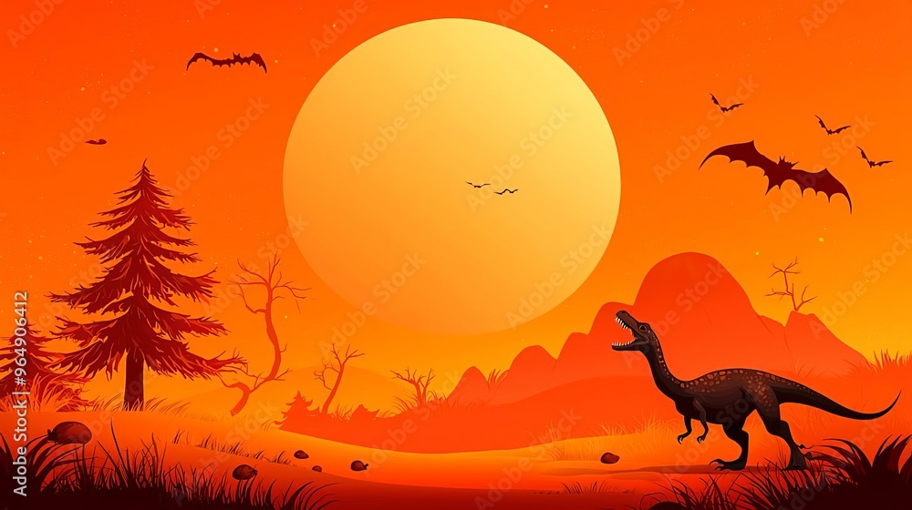 Fototapeta premium Halloween Dinosaurs raptor chasing trick-or-treaters, eerie Halloween setting, flat design illustration