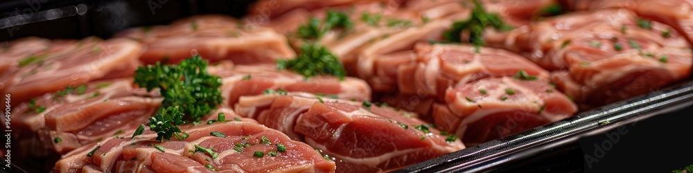 Chilled pork loin portions displayed for sale, ideal for culinary use, featuring a range of pork cuts that promote the meat industry's offerings. Chilled pork loin portions displayed for sale, ideal for culinary use, featuring a range of pork cuts that promote the meat industry's offerings.