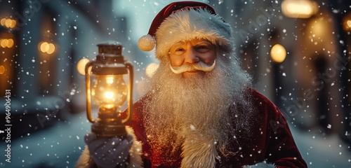 Santa Claus with a lantern in his hand against the background of city lights, creating a Christmas atmosphere