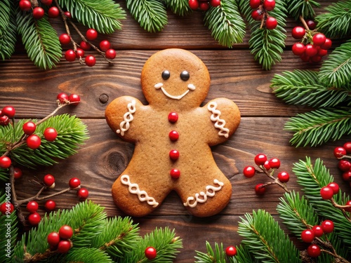 Adorable festive gingerbread man with icing buttons and candy eyes, lying on a vintage wooden table amidst evergreen branches and red holly berries.