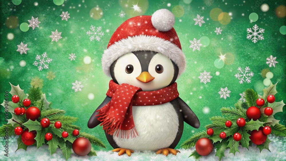 Adorable penguin wearing Santa hat and scarf, surrounded by snowflakes, holly, and ornaments, on a festive red and green holiday background with subtle texture. Adorable penguin wearing Santa hat and scarf, surrounded by snowflakes, holly, and ornaments, on a festive red and green holiday background with subtle texture.
