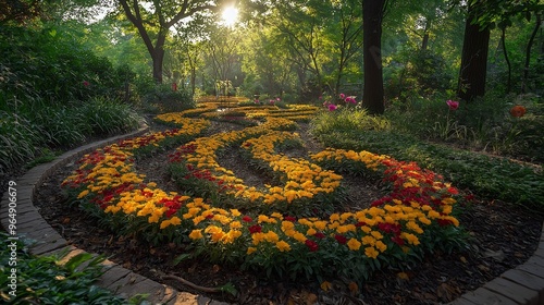 Golden Flower Garden Path at Sunset