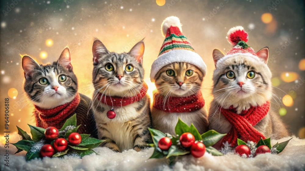 Adorable whiskered felines in Santa hats and scarves pose amidst festive holly, snowflakes, and twinkling lights on a warm, cozy, and snowy winter background. Adorable whiskered felines in Santa hats and scarves pose amidst festive holly, snowflakes, and twinkling lights on a warm, cozy, and snowy winter background.