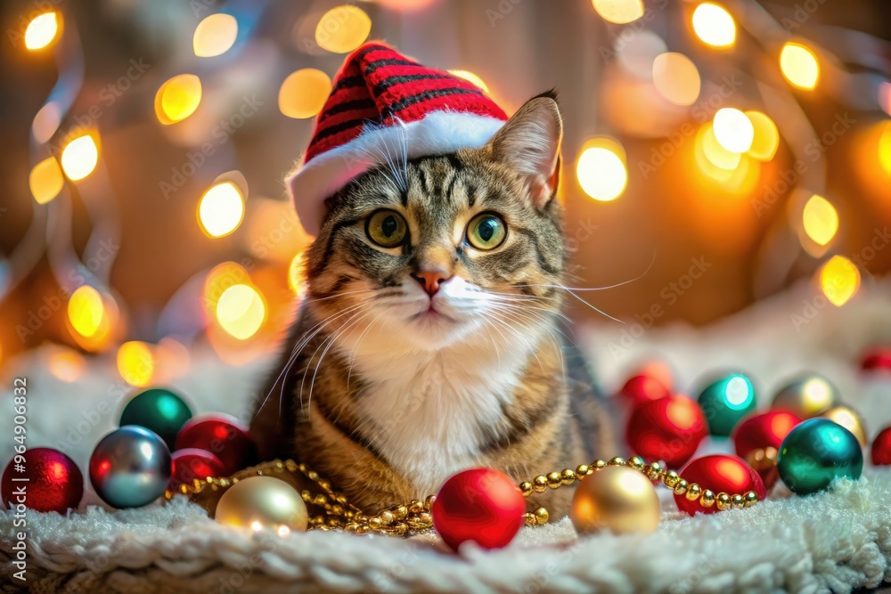 Adorable whiskered feline sits on festive holiday blanket, wearing tiny Santa hat and surrounded by colorful ornaments, garlands, and twinkling fairy lights. Adorable whiskered feline sits on festive holiday blanket, wearing tiny Santa hat and surrounded by colorful ornaments, garlands, and twinkling fairy lights.