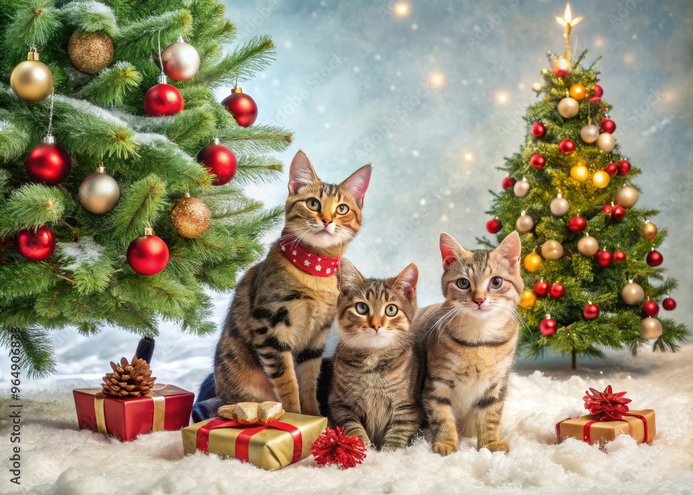 Adorable whiskered felines surround a sparkling Christmas tree, ornaments, and gifts, showcasing festive holiday cheer and playful cat antics in a cozy winter wonderland setting. Adorable whiskered felines surround a sparkling Christmas tree, ornaments, and gifts, showcasing festive holiday cheer and playful cat antics in a cozy winter wonderland setting.