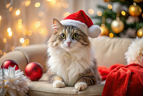 Adorable whiskered feline wears a festive red Santa hat with white fur trim, sitting on a cozy couch surrounded by holiday decorations and ornaments. photo