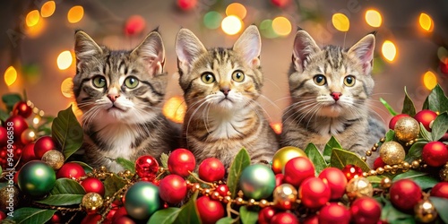 Adorable whiskered felines surrounded by festive holly, twinkling lights, and colorful ornaments, capturing the joy and magic of the holiday season. photo