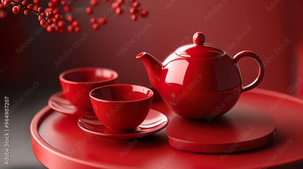 Harmonious red tea set arranged neatly in a balanced composition Harmonious red tea set arranged neatly in a balanced composition