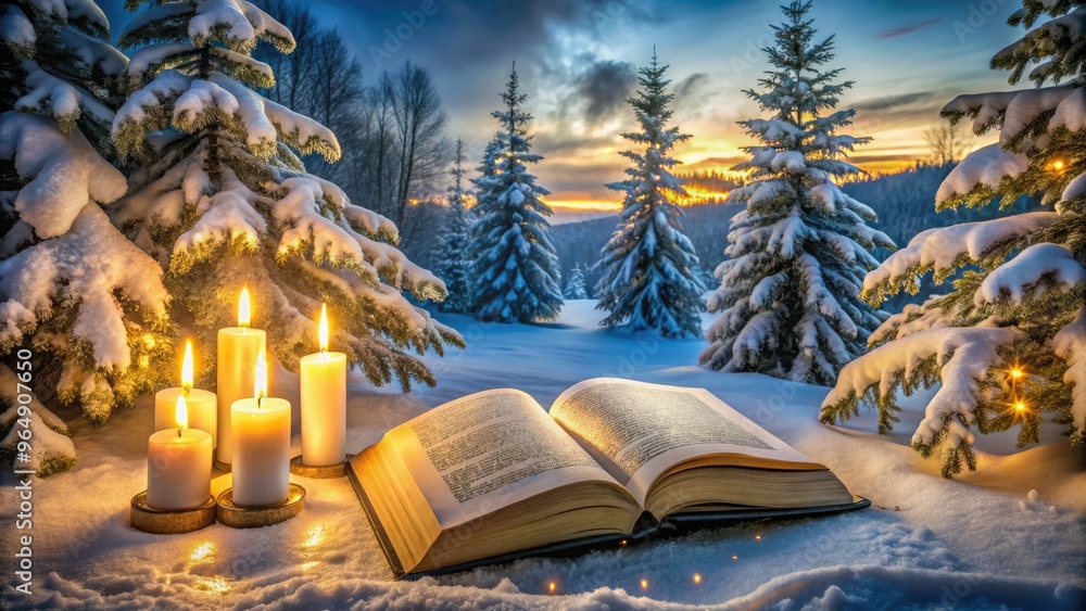 Obraz premium A serene winter wonderland scene with snow-covered trees, illuminated by soft candlelight, featuring a open Bible with a highlighted Christmas scripture in golden font.