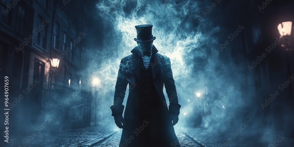 Mysterious Man in Top Hat Walking Down Foggy Street Mysterious Man in Top Hat Walking Down Foggy Street
