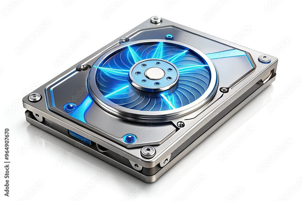 A sleek modern hard drive with a stylized blue and silver emblem on a white background, radiating innovation, technology, and data storage expertise. A sleek modern hard drive with a stylized blue and silver emblem on a white background, radiating innovation, technology, and data storage expertise.