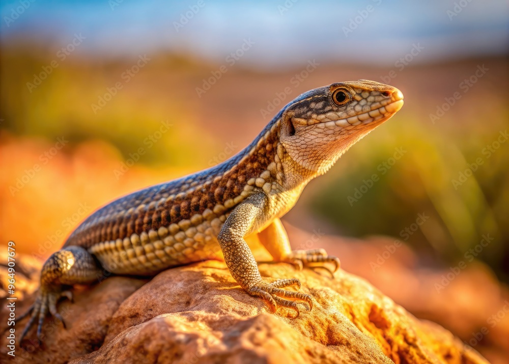 A small, brown-speckled western skink lizard basks in the warm sunlight on a rocky outcropping, its scaly skin glistening amidst the serene desert landscape. A small, brown-speckled western skink lizard basks in the warm sunlight on a rocky outcropping, its scaly skin glistening amidst the serene desert landscape.