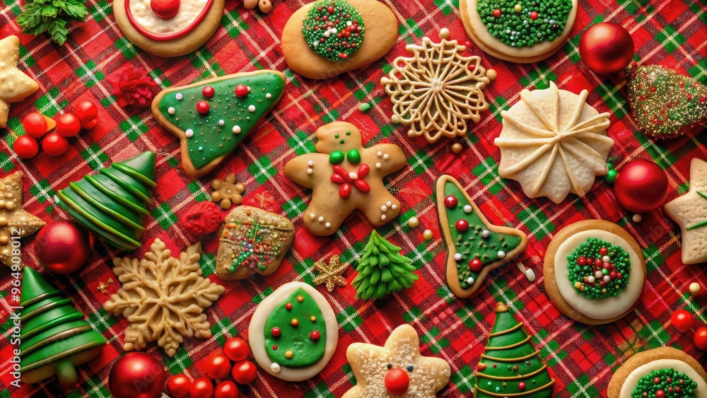 Fototapeta premium A whimsical holiday scene featuring a festive red-and-green plaid background with an assortment of freshly baked cookies, candies, and sprinkles arranged in a decorative pattern.
