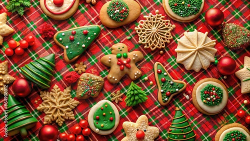 A whimsical holiday scene featuring a festive red-and-green plaid background with an assortment of freshly baked cookies, candies, and sprinkles arranged in a decorative pattern.