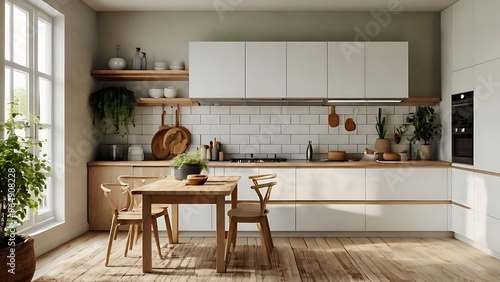 Friendly and homelike kitchen, modern furniture and design white and wooden themed with great natural lights through windows