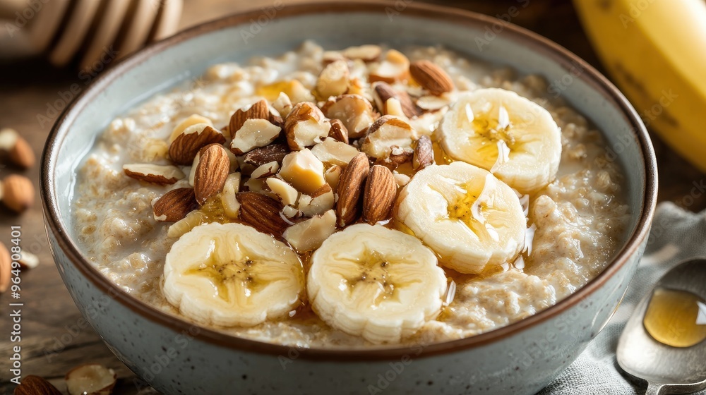 A hearty bowl of oat porridge with sliced bananas, nuts, and a drizzle of honey, ready for breakfast. A hearty bowl of oat porridge with sliced bananas, nuts, and a drizzle of honey, ready for breakfast.