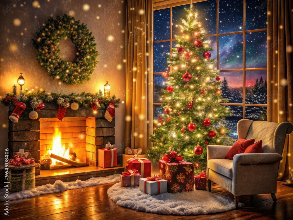 Cozy Christmas Eve scene features a warmly lit festively decorated living room with crackling fireplace, snowflakes gently falling outside, and wrapped gifts under the tree. Cozy Christmas Eve scene features a warmly lit festively decorated living room with crackling fireplace, snowflakes gently falling outside, and wrapped gifts under the tree.