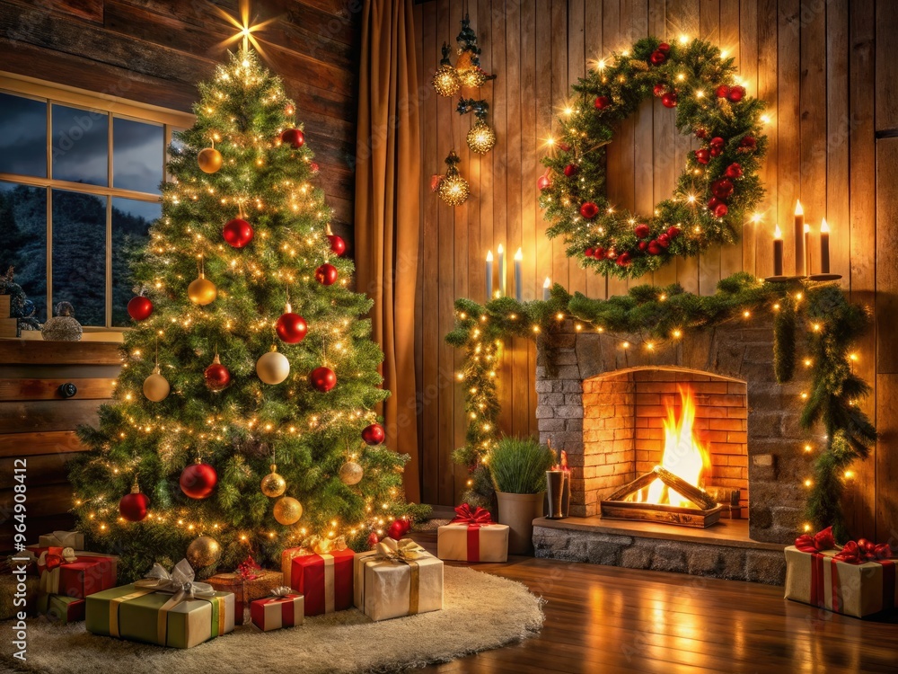 Cozy Christmas scene featuring a towering, ornament-adorned evergreen tree standing proudly beside a crackling fireplace, surrounded by festive garlands and candles. Cozy Christmas scene featuring a towering, ornament-adorned evergreen tree standing proudly beside a crackling fireplace, surrounded by festive garlands and candles.
