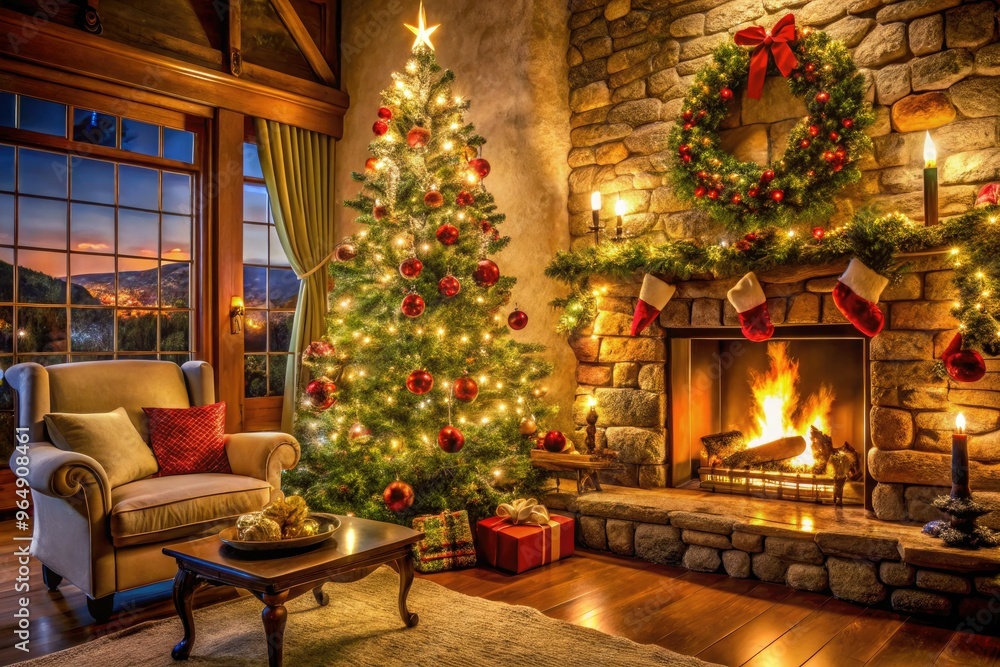 Cozy living room scene featuring a majestic Christmas tree adorned with twinkling lights and ornaments, nestled beside a crackling stone fireplace with stockings hung. Cozy living room scene featuring a majestic Christmas tree adorned with twinkling lights and ornaments, nestled beside a crackling stone fireplace with stockings hung.