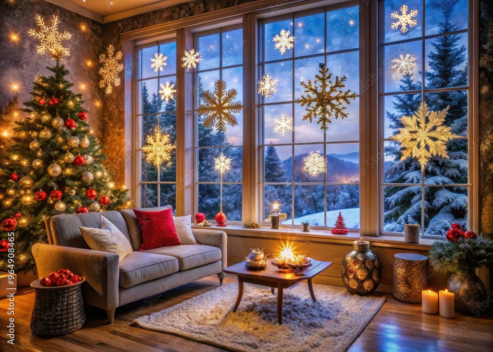 Cozy living room scene featuring snowflake-adorned windows, twinkling tree lights, and nostalgic holiday decorations, evoking warmth and festive cheer on a winter's night. Cozy living room scene featuring snowflake-adorned windows, twinkling tree lights, and nostalgic holiday decorations, evoking warmth and festive cheer on a winter's night.
